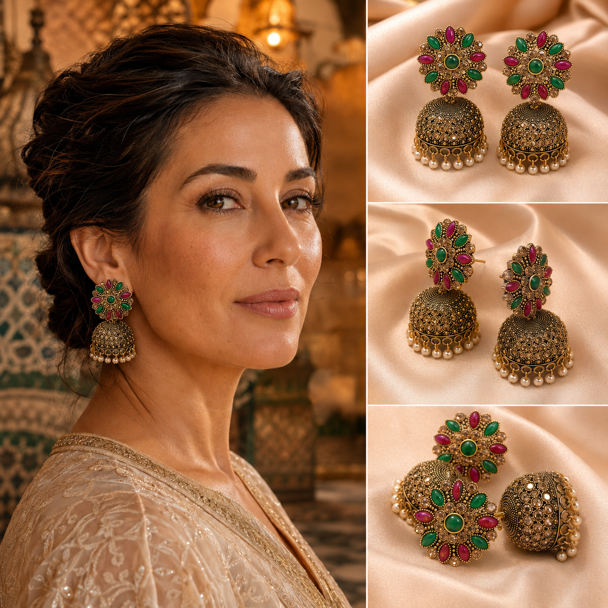 Portrait rapproché en lumière dorée, boucles d'oreilles bien visibles