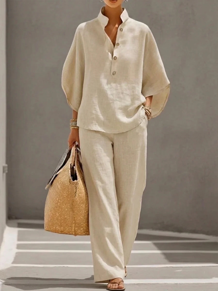 Ensemble femme haut manches courtes et pantalon droit - look complet