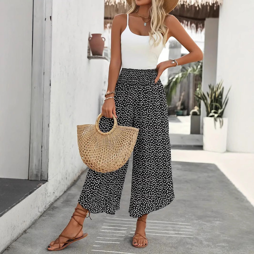 Pantalon large taille haute motif pois - détail taille smockée
