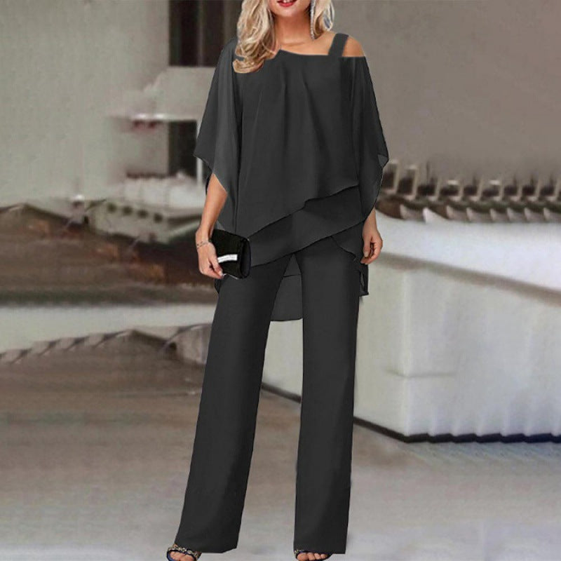 Ensemble femme haut manches chauve-souris et pantalon droit - détail du haut
