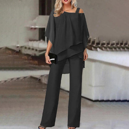 Ensemble femme haut manches chauve-souris et pantalon droit - détail du haut
