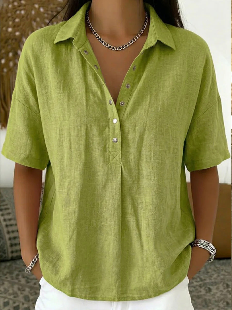Chemise boutonnée manches courtes pour femme, vue portée