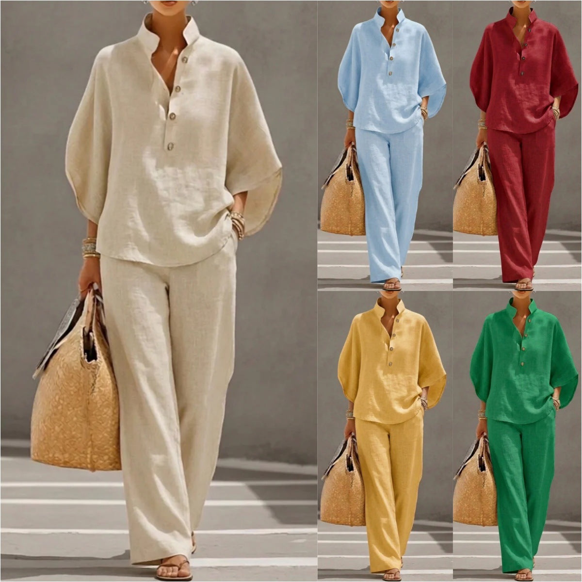 Ensemble femme haut manches courtes et pantalon droit - vue de face