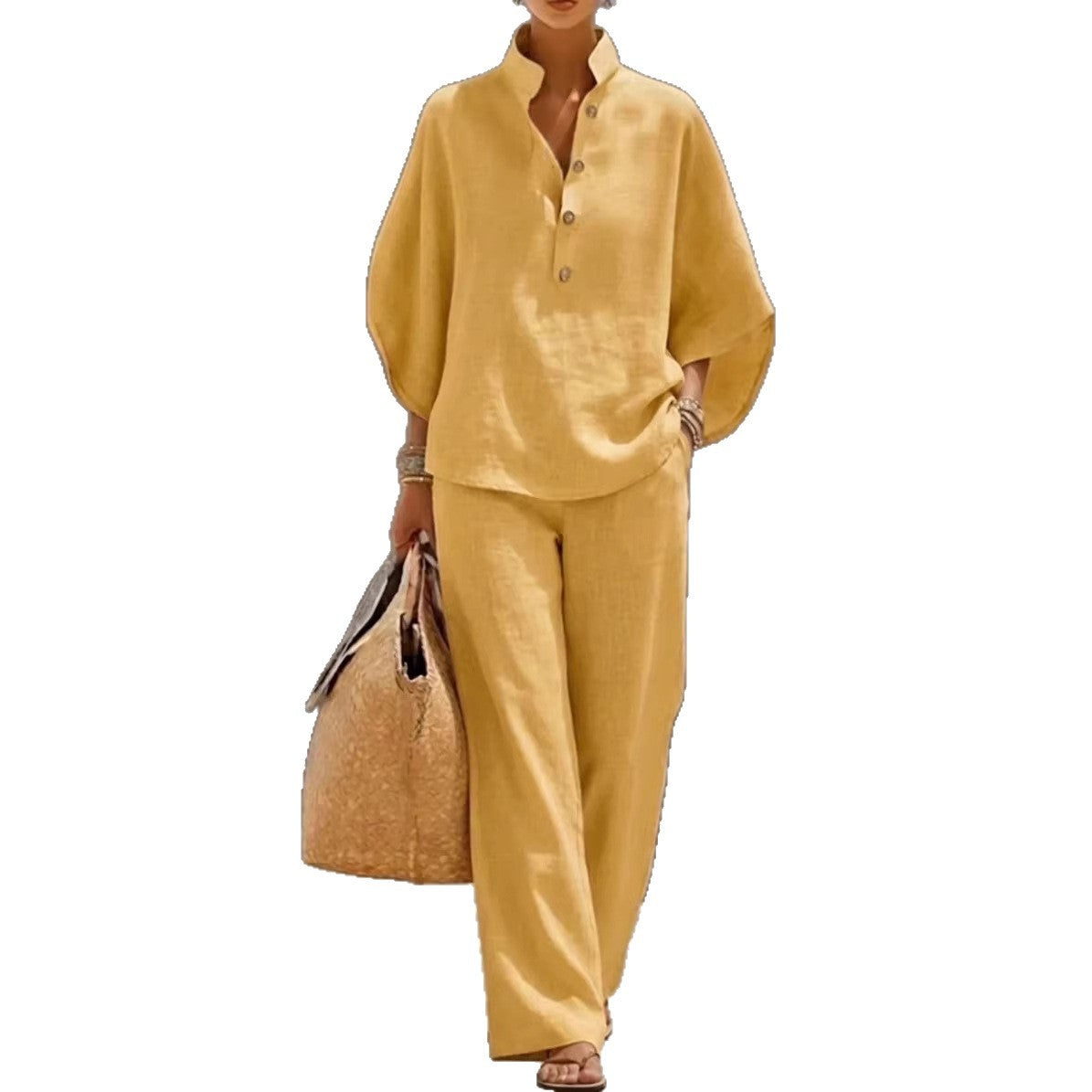 Ensemble femme haut manches courtes et pantalon droit - détail final