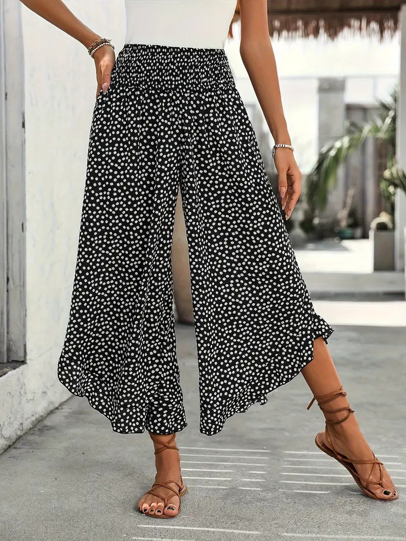 Pantalon large taille haute motif pois - porté en extérieur