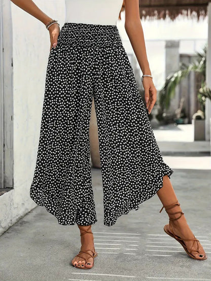 Pantalon large taille haute motif pois - porté en extérieur