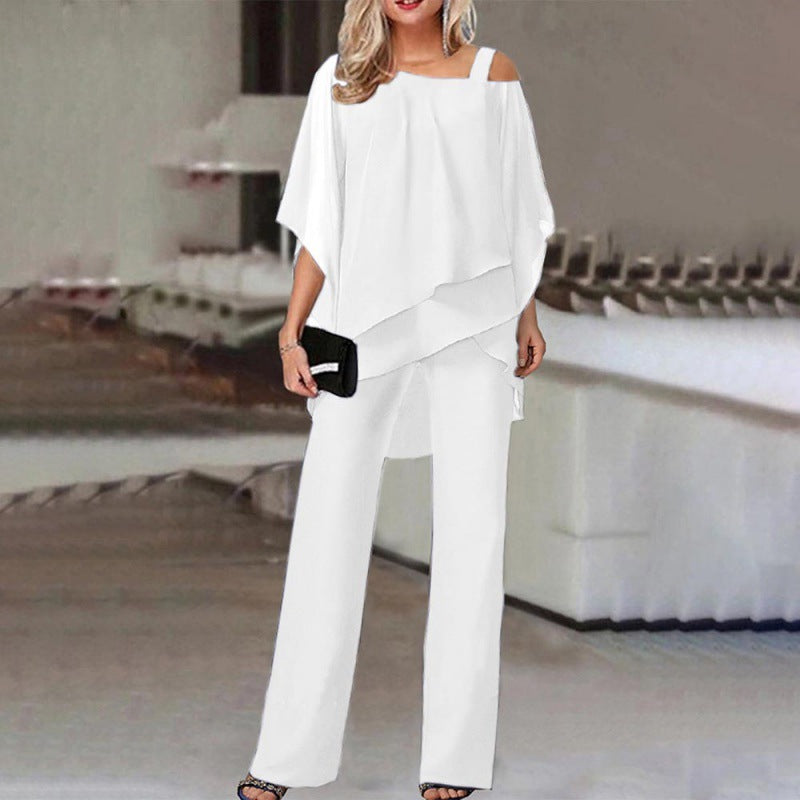 Ensemble femme haut manches chauve-souris et pantalon droit - tombé du tissu