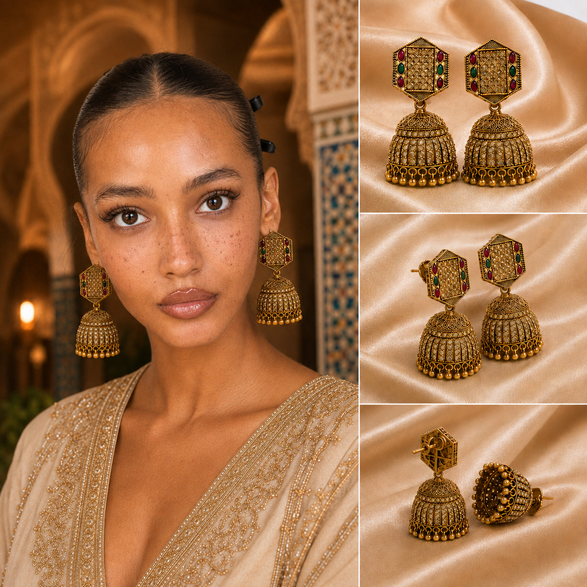 Portrait rapproché en lumière dorée, boucles d'oreilles bien visibles