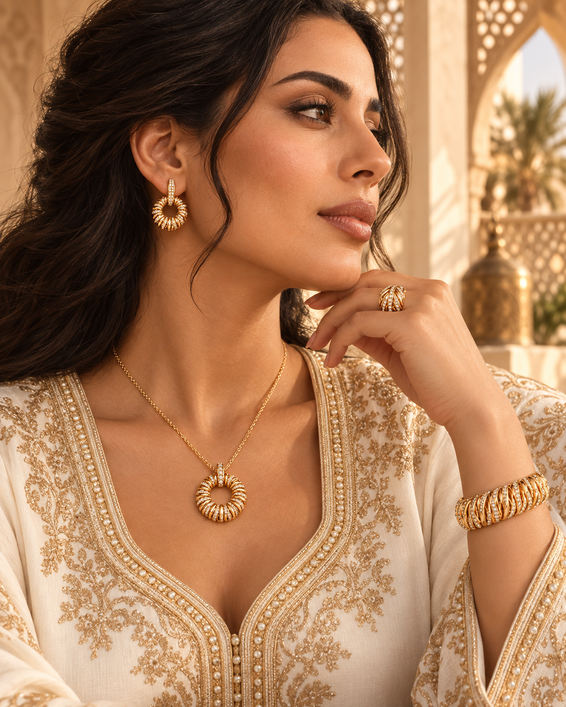 Portrait de profil avec collier et boucles dorés